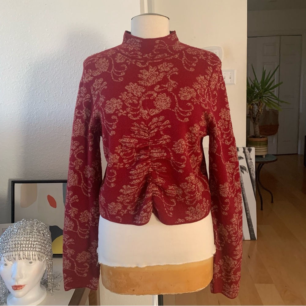 Anthropologie red and gold cropped and ruched sweater with mock neck